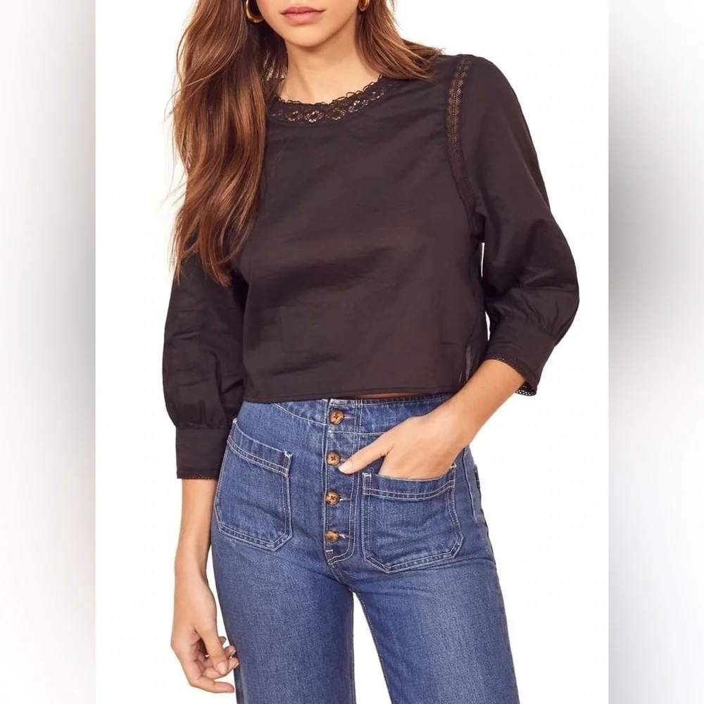 Reformation Black Lace 3/4 Sleeve Blouse sz M